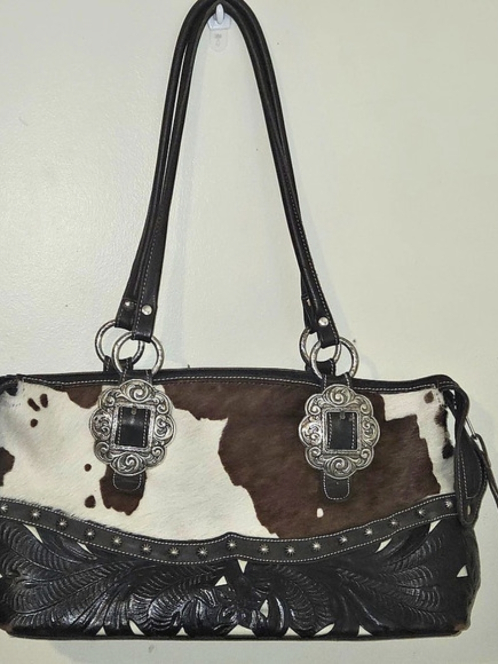 American West Cowhide Leather Tote in Brown & White